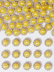 10-200顆 12mm 黃色珍珠花，中心鑲嵌黃色珍珠，周圍環繞小白色水鑽，向日葵圖案，亮面鈕扣水鑽花，DIY手工配件，適用於花卉頭飾與衣飾裝飾 - 12mm黃珍珠花 - 查看 1