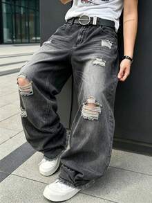 Men's Vintage Ripped Distressed Baggy Wide Leg Jeans Grey Wash Frayed Raw Hem Punk Gothic Streetwear Denim Pants - Dark Grey - View 1