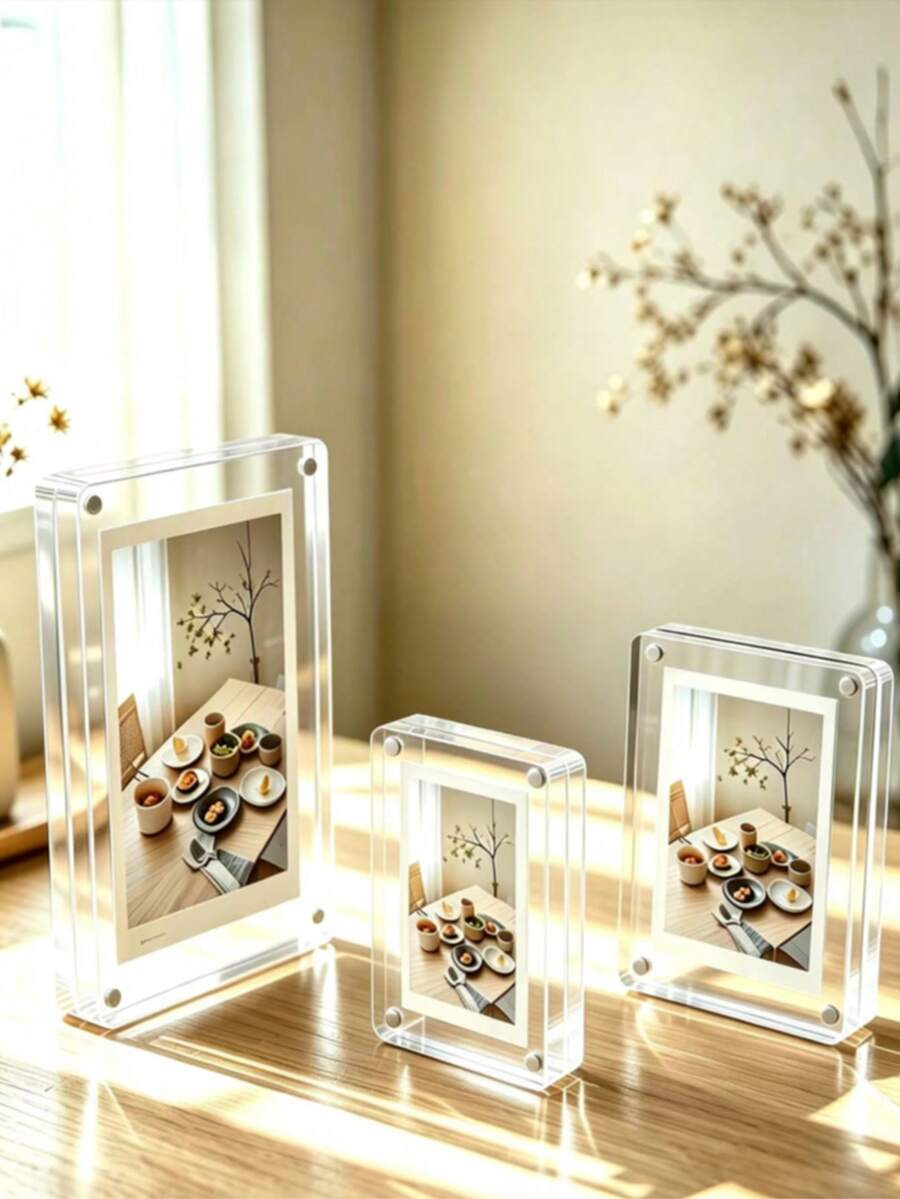 1pc/2pcs Transparent Thick Acrylic Photo Frame, Modern Desktop Photo Frame, Suitable For Home And Office Decoration. Transparent Acrylic Photo Frame, Modern Desktop Photo Frame, Suitable For Home And Office Decoration. Suitable For Photos, Flowers And Landscape Paintings, Strong Magnetic Photo Office Business Card Holder, Acrylic Plate With Double-Sided Protective Film - Transparent - View 1