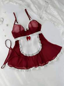 3pcs Sexy Maid Costume, Lace Patchwork Nightgown, Maid Apron And Thong - Burgundy - View 3