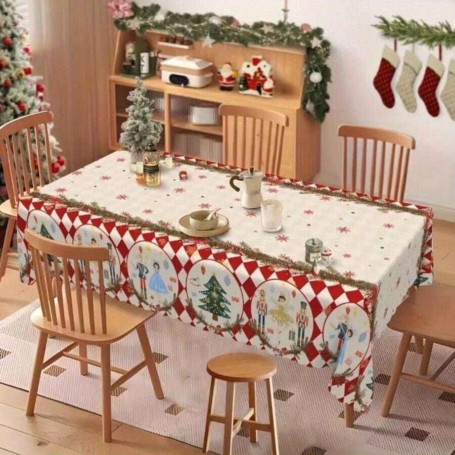 1pc Nutcracker Style Christmas Tablecloth, Red And White Plaid Border With Christmas Fairy Tale Pattern, Like A Magical Story Of Nutcrackers, Suitable For Christmas Family Dinner And Holiday Party, Transform Your Dining Table Into A Joyful Stage - A - View 1