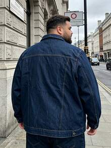 Men Denim Jacket Loose Plus Size Dark Blue Washed Button Front Lapel Collar Long Sleeve Coat With Chest Pockets Casual Spring Fall Outerwear - Navy Blue - View 7