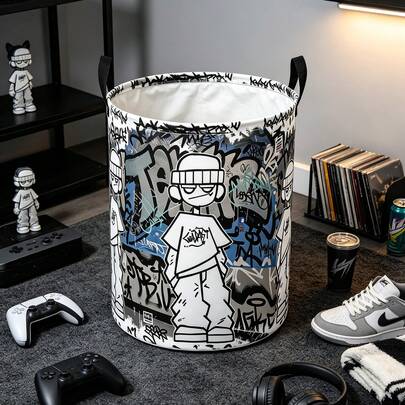 1PC Street Graffiti Cartoon Character Print Storage Basket With Handles, Urban Hip‑Hop Figure Graffiti Letter Background Pattern Household Organizer Bin, Suitable For Multi‑Purpose Storage Of Clothes Sundries, Home And Room Decor