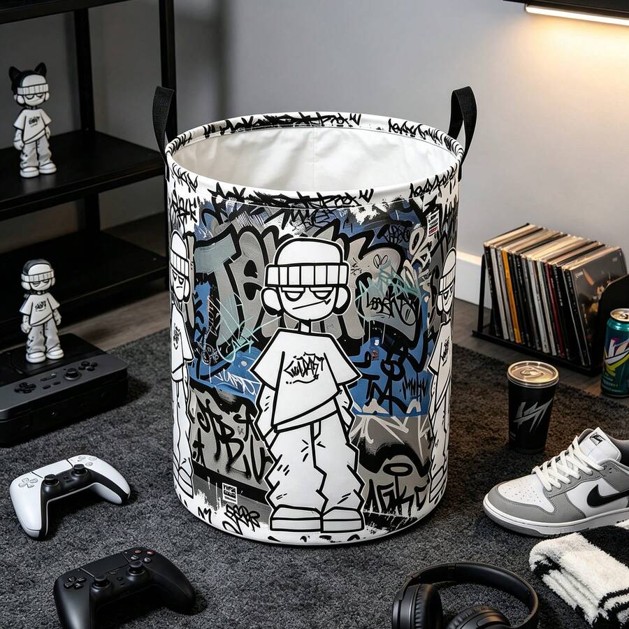 1PC Street Graffiti Cartoon Character Print Storage Basket With Handles, Urban Hip‑Hop Figure Graffiti Letter Background Pattern Household Organizer Bin, Suitable For Multi‑Purpose Storage Of Clothes Sundries, Home And Room Decor - Multicolor - View 1