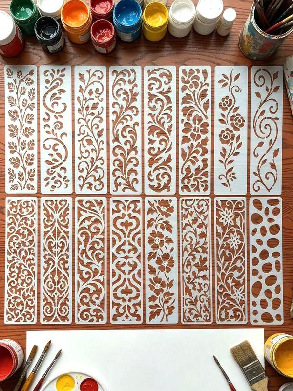 16 pièces Pochoirs longs vintage à motif de vigne et fleurs, DIY, adaptés pour la peinture murale, la maison, les fenêtres, le verre, le tissu, la décoration, le scrapbooking, les cartes de vœux, les boîtes cadeaux, outils d'artisanat faits main réutilisables