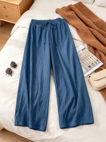 Women's Solid Blue Textured Elastic Waistband Faux Drawstring Side Pocket Wide Leg Casual Loose Full Length Pants - Lake Blue - View 11