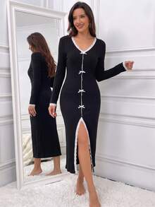 Women's Long Sleeve Ribbed Solid Color Sweet Bow Lace Trim Sexy Slit Fitted Long Dress, Fashionable Elegant Comfortable Nightgown For Spring Autumn Winter - Black - View 5