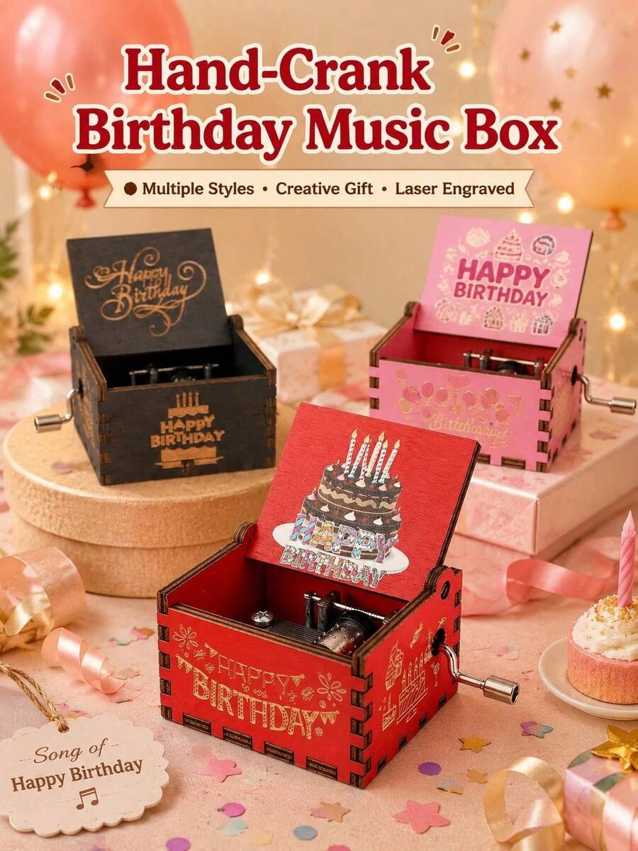 Hand-Crank Music Box - "Happy Birthday"; Perfect Gift For Birthday, Christmas, Anniversary And Valentine's Day; Also Suitable As Home Decor Ornament.