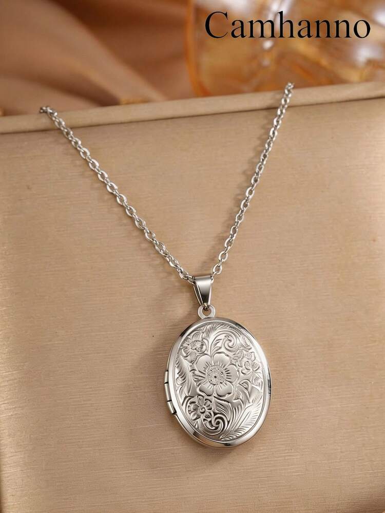 1pc Minimalist Openable Stainless Steel Patterned Photo Frame Pendant Necklace, Suitable As A Memorial Gift For Loved Ones - Silver - View 2