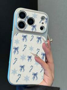1pc TPU Material Blue Snowflake Bow Candy Pattern Phone Case Suitable For Apple 17promax/17/16promax/15/13/12/11 Large Window Film Full Coverage Anti-Drop Soft Shell Phone Protective Cover - Silver - View 4