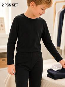 2pcs/Set Boys' Teen Winter Black Double-Sided Fleece Top And Pants Set, Suitable For Layering, Fits 4-14 Years Old - Black - View 7