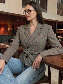 minisummer Women's Elegant Autumn Plaid Stand Collar Short Jacket, Front Button Long Sleeve Coat With Self-Tie Waist And Ruffle Hem, Slim Fit - Multicolor - View 1