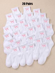 5/10/20 Pairs Baby Toddler White Crew Socks Pack, Sweet Pink Ribbon Bow Rib Knit Socks For Kids Halloween, Suitable For School Uniform Outdoor Wear - Multicolor - View 18