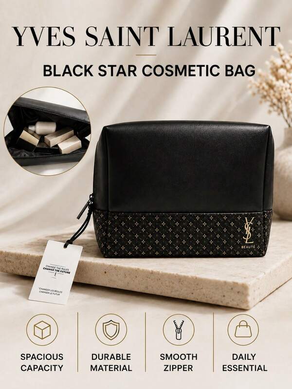 YSL Saint Laurent Star Black Makeup Bag, 26.5*15.5cm, Large Capacity, Smooth Zipper, Easy To Clean, Suitable For Travel Cosmetic Storage