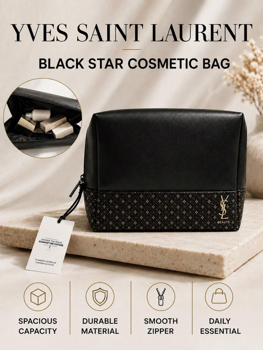 YSL Tas kosmetik Saint Laurent motif bintang berwarna hitam, ukuran 26,5 x 15,5 cm, kapasitas besar, resleting halus untuk memudahkan pembersihan, cocok untuk menyimpan kosmetik saat bepergian.
