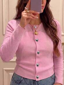 Women's Pink Knit Long Sleeve Crew Neck Regular Fit Pullover Sweater - Pink - View 5