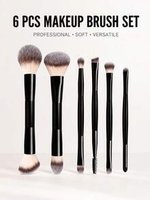6pcs/4pcs/2pcs Dual-Ended Makeup Brush Set, Professional Soft Synthetic Bristle Face And Eye Makeup Brush Set, Suitable For Foundation, Blush, Eyeshadow, Eyebrow Blending And Other Makeup Tools, Girls Gift, Birthday Gift, Giveaway - Black - View 1