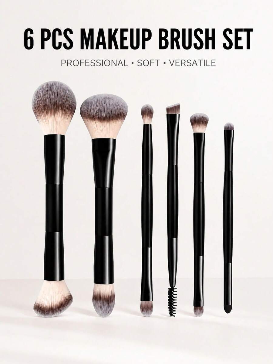 6pcs/4pcs/2pcs Dual-Ended Makeup Brush Set, Professional Soft Synthetic Bristle Face And Eye Makeup Brush Set, Suitable For Foundation, Blush, Eyeshadow, Eyebrow Blending And Other Makeup Tools, Girls Gift, Birthday Gift, Giveaway - Black - View 1