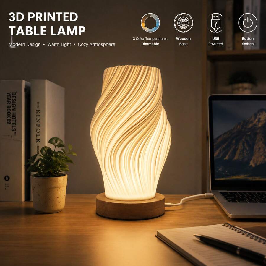 Minimalist Creative 3D Printed LED Table Lamp, 3 Color Temperatures Adjustable/Soft Light/USB Powered/Button Switch/Wooden Base, Suitable For Bedroom/Living Room/Desk Lighting/Gift Giving, Etc. - Small Breeze Table Lamp - View 1