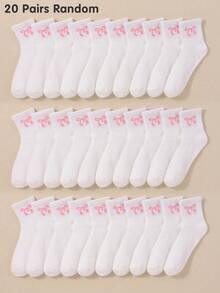 5/10/20 Pairs Random Pink Bow Crew Socks For Girls Toddler Kids Teen Tween Fall Winter Ankle Socks Back To School White Socks For Halloween Christmas - Multicolor - View 18