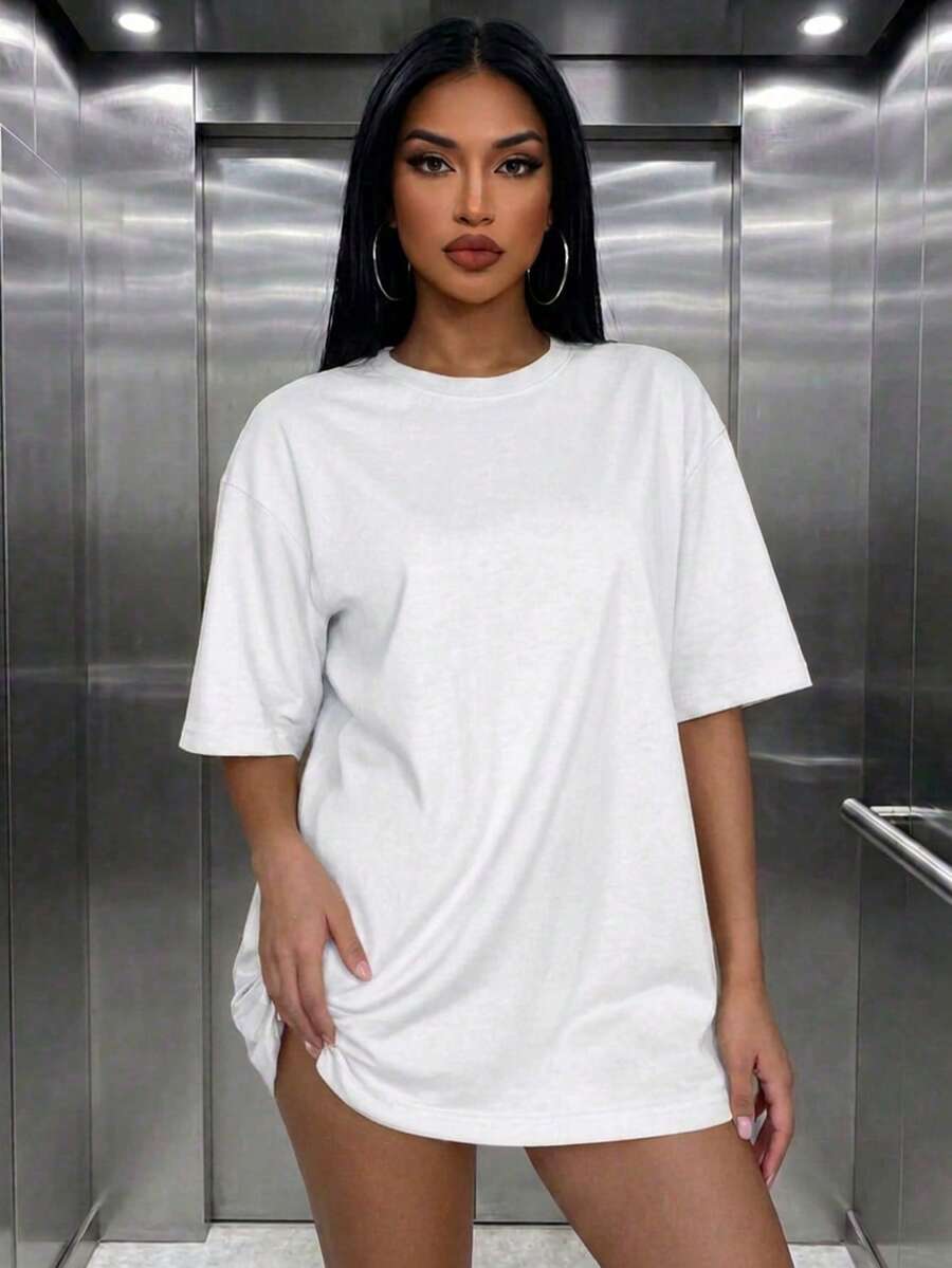 女士宽松圆领短袖长款T恤，休闲简约优雅性感街头Y2K风格，春夏白色