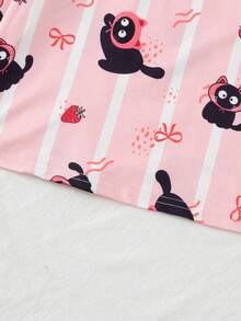 Bộ đồ ngủ 2 món cho bé gái, áo tay dài và quần dài, họa tiết mèo hoạt hình kẻ sọc, đồ mặc nhà xuân/thu, in toàn thân - Nhiều màu - Xem 7