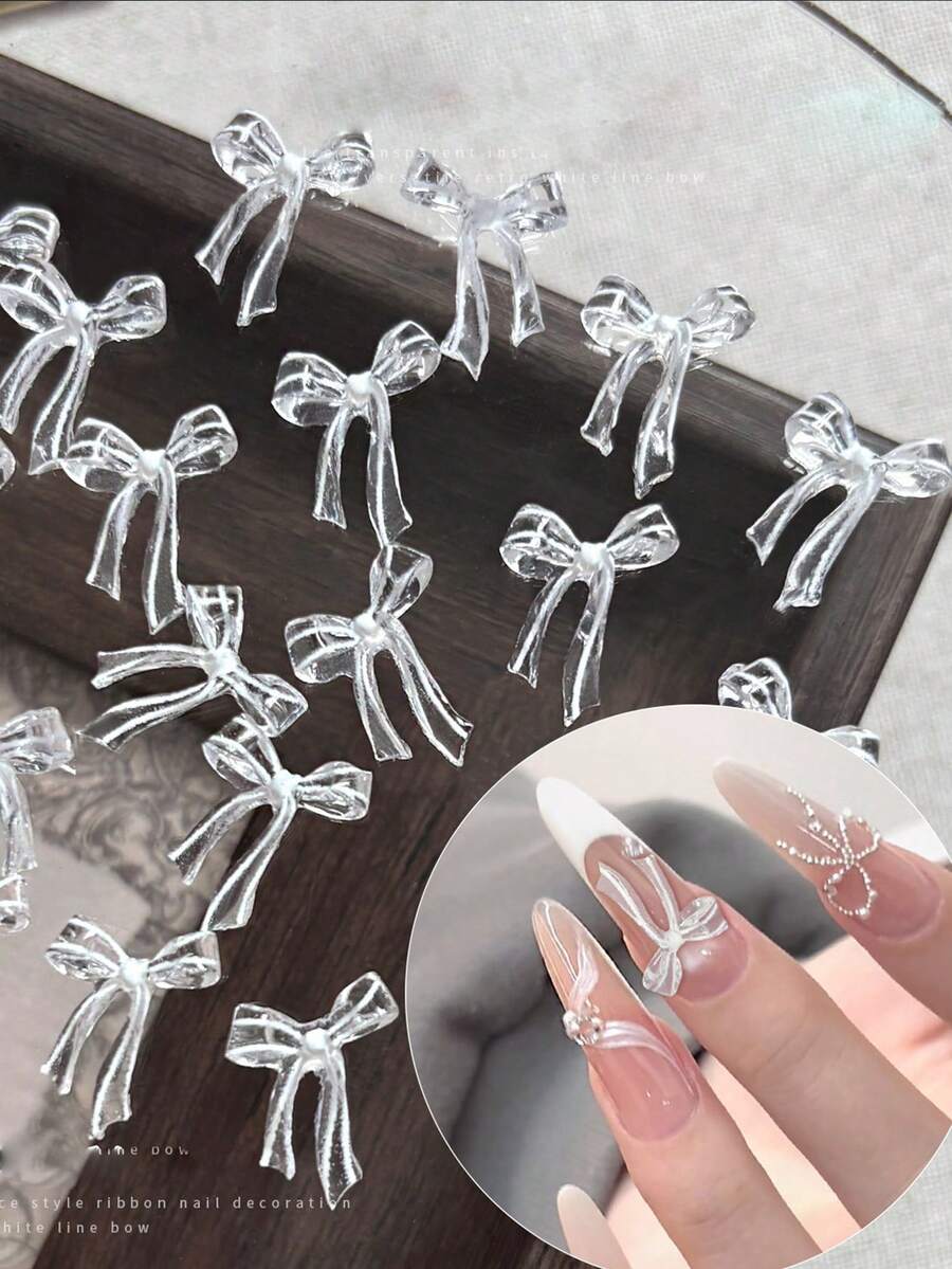 30pcs Organza Ice Transparent Ribbon Bow Nail Decorations, French Style Transparent Ribbon Resin Material Nail Art Accessories, Wearable Nail Art Decoration, Cute Fresh Fake Nail Accessories - Multicolor - View 1