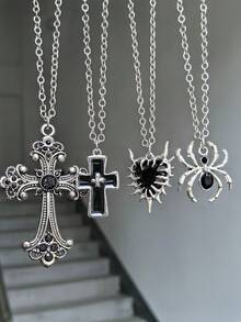 4pcs Cool Gothic Style Alloy Oil Drop Cross Spider Heart Pendant Necklace Suitable For Women Street Party Wear - Multicolor - View 4