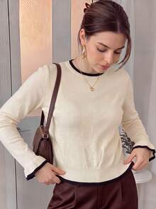 2026 Autumn/Winter Soft Style Round Neck Knit Sweater Women, Contrast Trim Flared Sleeve Slim Fit Flattering Top, Korean Style Versatile Commute Base Layer Knit Sweater - Apricot - View 4