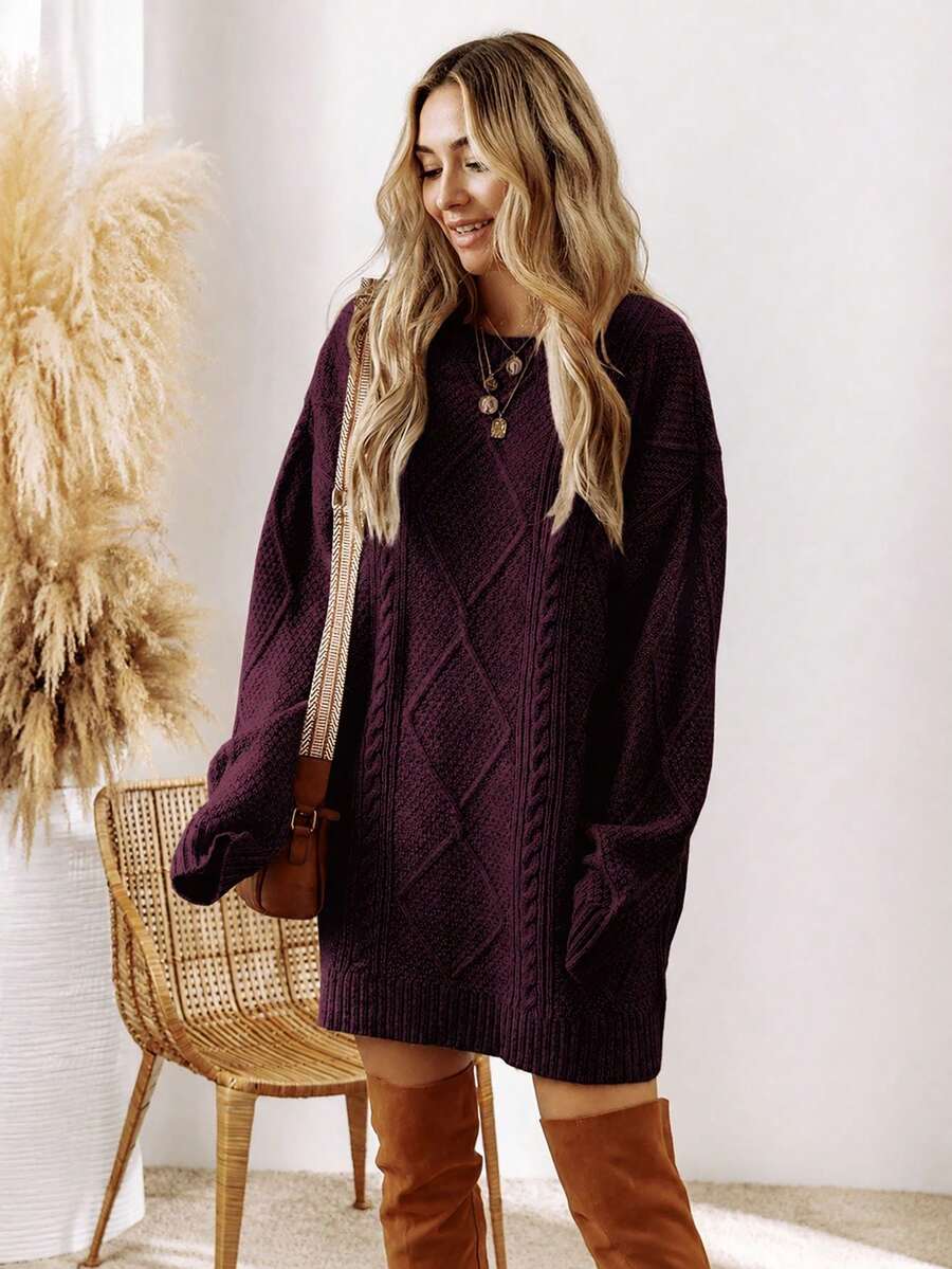 Acelitt Autumn/Winter Women's Burgundy Solid Color Knitted Textured Pattern Dropped Shoulder Oversized Sweater Dress, Order One Size Down Casual Fall