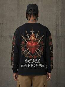 Men's Vintage Virgin Mary Print Crew Neck Sweatshirt, Loose Fit American Style Rose Chain Long Sleeve Top, Autumn/Winter - Multicolor - View 2