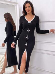 Women's Long Sleeve Ribbed Solid Color Sweet Bow Lace Trim Sexy Slit Fitted Long Dress, Fashionable Elegant Comfortable Nightgown For Spring Autumn Winter - Black - View 6