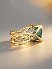 1pc Elegant Cubic Zirconia Ring For Women, Wedding Engagement Party Jewelry, Valentine's Day Gift - Gold + Light Blue - View 9