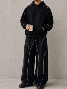 HEYKESON Men's Curved Color Block Line Pullover Hoodie & Wide Leg Sweatpants Casual 2 Pieces Sports Set - Black - View 3