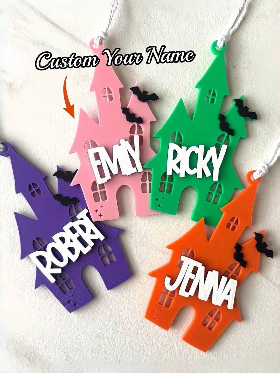 1pc Personalized Halloween Haunted House Basket Tag, Custom Name 3d Printed Spooky Ornament, Halloween Tree Decor, Halloween Gift - Multicolor - View 1