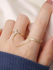 1pc Elegant Minimalist Geometric Double Finger Ring With Creative Rhinestone Cross Chain, Adjustable, Suitable For Women's Daily Commute, Holiday, Gift - Gold - View 5