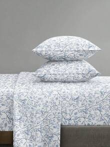 4-Piece/Set Minimalist Light Green Floral Pattern Bedding Set, Easy Care Soft Bedding Set, Floral Pattern Fitted Sheet Set (1 Flat Sheet + 1 Fitted Sheet + 2 Pillowcases), Fitted Sheet Set, Extra Large, Large, Standard Double, Twin Sizes, Deep Pocket Design, Pillowcases Up To 11.8 Inches, Soft And Breathable, Wrinkle-Resistant - Blue and White - View 1