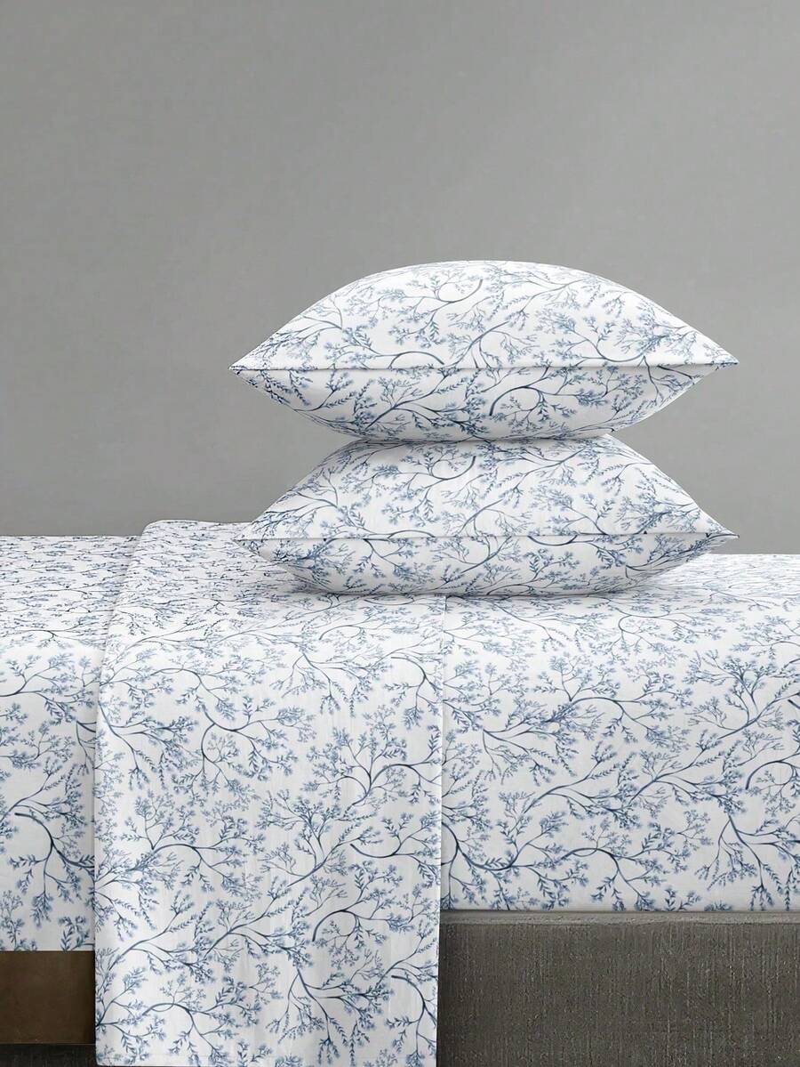 4-Piece/Set Minimalist Light Green Floral Pattern Bedding Set, Easy Care Soft Bedding Set, Floral Pattern Fitted Sheet Set (1 Flat Sheet + 1 Fitted Sheet + 2 Pillowcases), Fitted Sheet Set, Extra Large, Large, Standard Double, Twin Sizes, Deep Pocket Design, Pillowcases Up To 11.8 Inches, Soft And Breathable, Wrinkle-Resistant - Blue and White - View 1