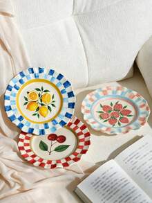 1pc French Wave Edge Fruit Ceramic Plate, Hand-Painted Plaid Plate, 8inch Plate, Steak And Pasta, Perfect For Bread, Cake, Dessert, Fruit, Salad, Mother's Day, Thanksgiving - Multicolor - View 10