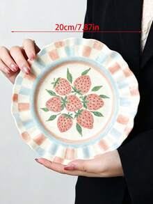 1pc French Wave Edge Fruit Ceramic Plate, Hand-Painted Plaid Plate, 8inch Plate, Steak And Pasta, Perfect For Bread, Cake, Dessert, Fruit, Salad, Mother's Day, Thanksgiving - Multicolor - View 7