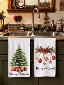 MEMNUN 2 Pcs Christmas Tree Gift Box Decorative Ball Printed Pattern Kitchen Towels Dish Cloths, Ultra-Fine Microfiber Polyester Material, Merry Christmas . Merry And Bright Christmas Theme Holiday Decoration Hand Towels, Home Decor, Kitchen Decor, Christmas Decor, Suitable For Restaurant Kitchen, Holiday Decoration And Gift Giving, 40*60cm/45*70cm - Multicolor - View 8