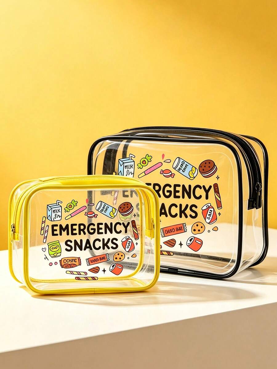 「Emergency Snacks」字母印花 PVC 化妝收納袋,中性旅行化妝盥洗用品收納袋,便攜收納小包 - 彩色 - 查看 1