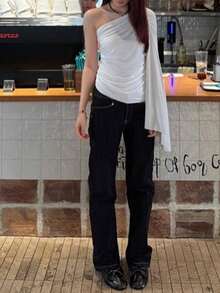 Top Dazzle Fashionable Knitted Asymmetrical Neck Women's Top With Single Long Sleeve & Ruched Detailing - White - View 7