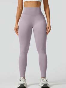 Women's Solid Light Purple Seamless Leggings, High Waist Tummy Control Booty Lift For Yoga Pilates Gym, Sportswear - Lilac Purple - View 2