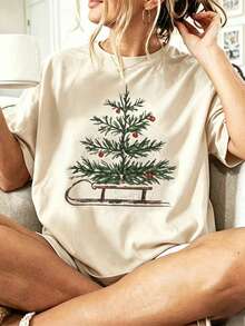 Kaos Wanita Kasual Motif Cetak Leher Bulat Lengan Pendek Gaya Liburan Pohon Natal Atasan Sehari-hari - Aprikot - View 1