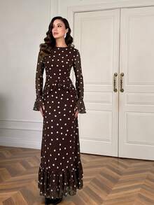 Women's Elegant Long Ruffle Hem Polka Dot Dress - Brown - View 5