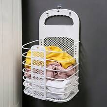 1pc Foldable Large Capacity Wall-Mounted Plastic Storage Basket, No-Drill With Hooks, Space-Saving Hanging Laundry Basket, Suitable For Bathroom - View 5
