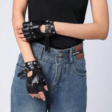 1 par de guantes góticos oscuros de media dedo para mujer, guantes de media dedo con remaches para disfraz de actuación, baile, actuación punk, discoteca, pole dance, cuero PU, baile callejero, guantes de motocicleta - Multicolor - Ver 4