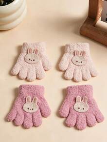 1/2 Pairs Kids Cartoon Patch Coral Fleece Full Finger Gloves, Bear Rabbit Heart Patch Soft Warm Winter Gloves, Suitable For Toddler Boys And Girls - Multicolor - View 2