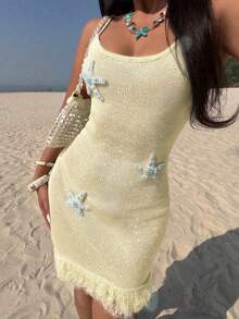 FOR BEAUTY Women's Y2K Light Yellow Spaghetti Strap Dress, Starfish Print Fringe Hem, Sexy Backless Summer Vacation Beach, Boho Chic - Pink Yellow - View 6